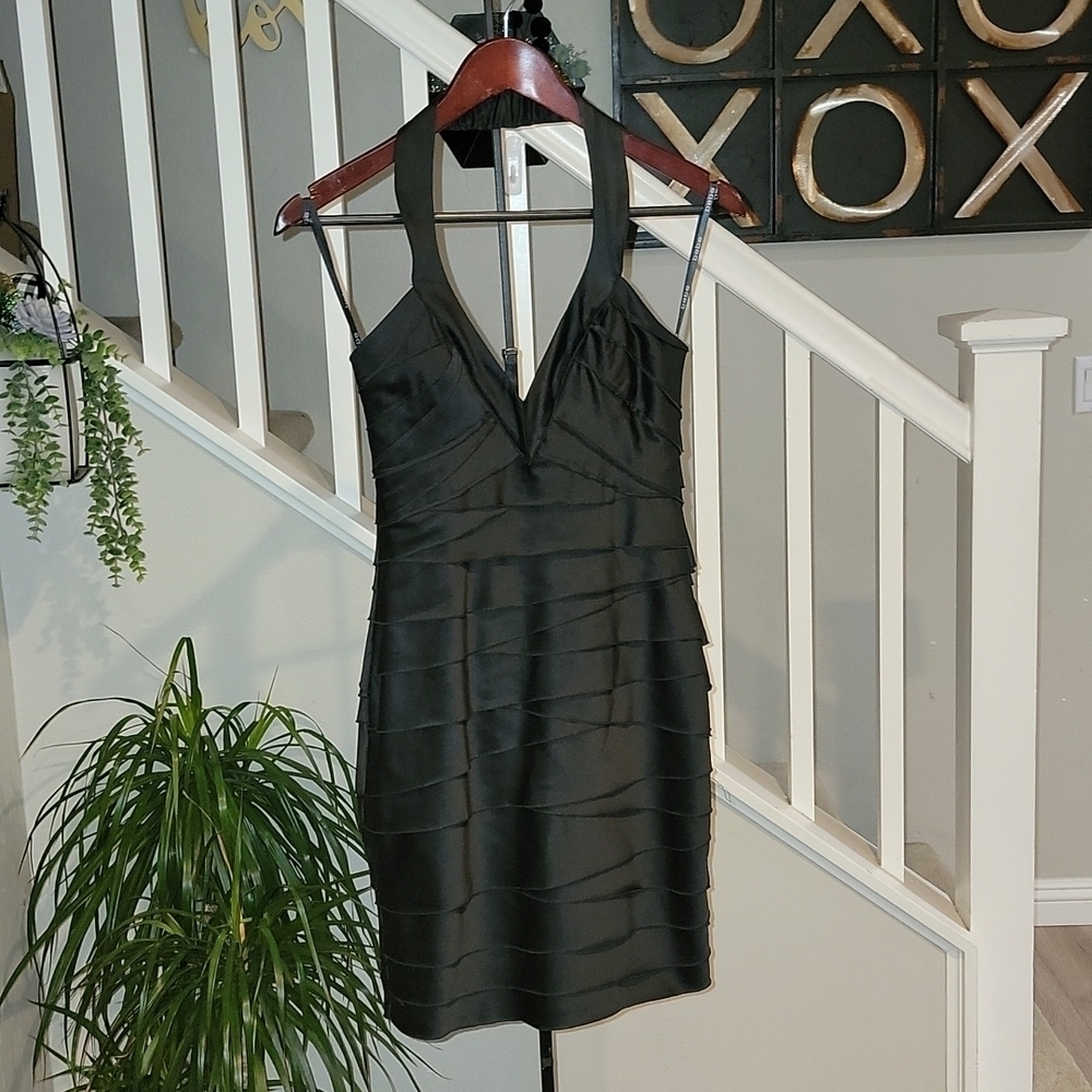 Bebe Black Bandage Halter Bodycon Dress Plunging V Neck Mini XS - Picture 3 of 9